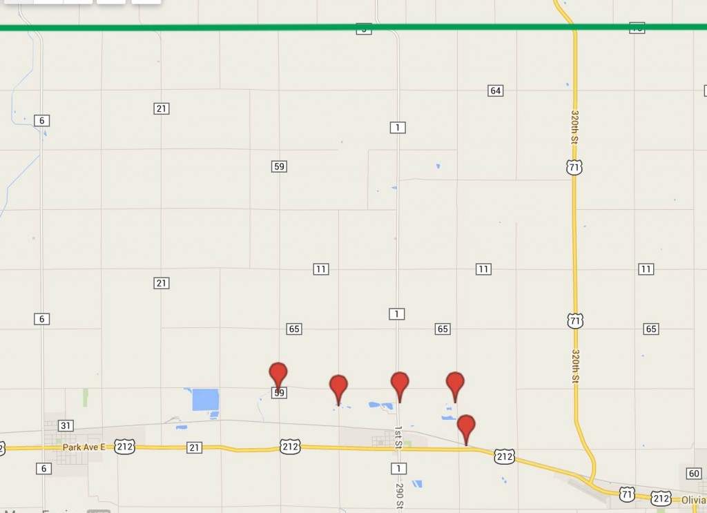 The green line is the Kandiyohi County and Renville County Line - Blue Grosbeaks are only six miles away!