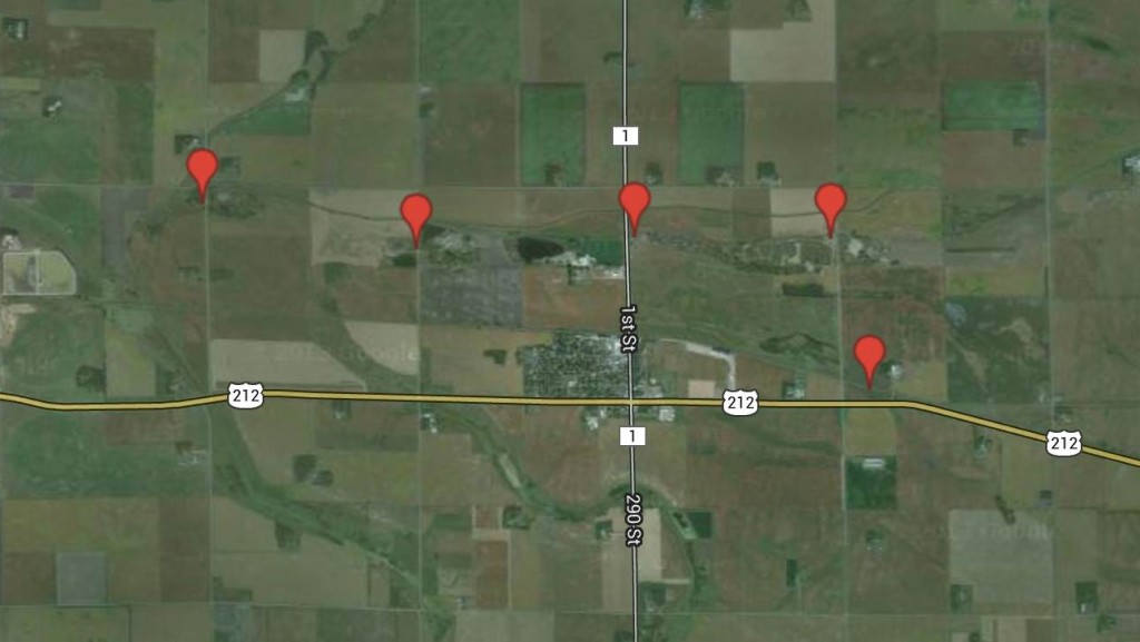 Locations of where I found Blue Grosbeak males; the bottom-right marker is the bird found by Ron Erpelding and Herb Dingmann